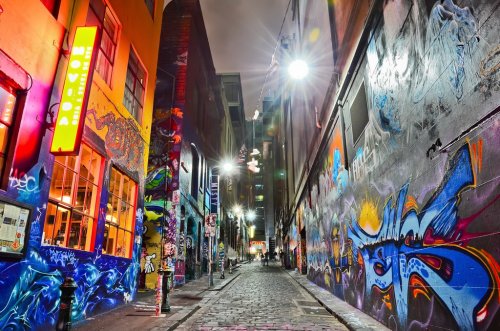 View of colorful graffiti artwork at Hosier Lane in Melbourne