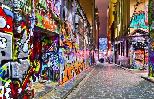 View of colorful graffiti artwork at Hosier Lane in Melbourne - 901149785