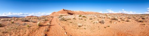 Desert landscape panorama with a path leading to hills. 