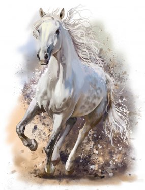 White horse runs watercolor painting - 901149878