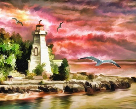 Lighthouse Ocean Sunset Seagulls Coast Beacon - 901150036