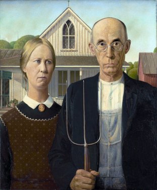 Painting Grant Wood Man Woman Farmers Couple 1930