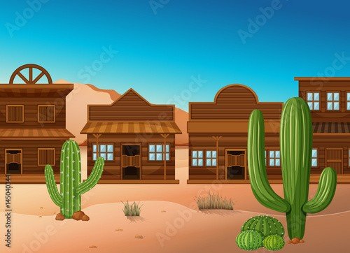 Desert scene with shops and cactus