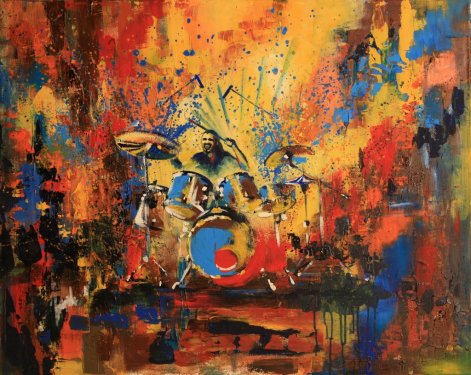 Drummer on motley multicolored background, original acrylic painting on canvas - 901150461