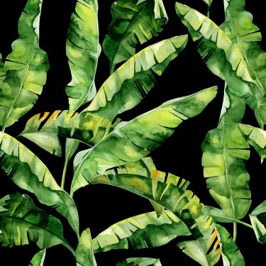 Seamless watercolor illustration of tropical leaves, dense jungle. Pattern wi... - 901150641