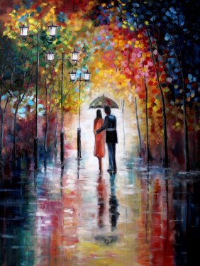 Original oil painting on canvas - Lovers under umbrella - Modern Art