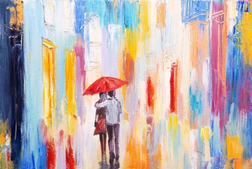 couple is walking in the rain under an umbrella, abstract colorf - 901150696
