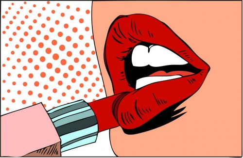 Pop art makeup. Closeup of sexy girl paints her lips with lipstick in her han... - 901150720