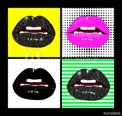 Vector female lips set. Fashion patches elements in pop art, retro style. Bri... - 901150724