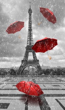 Eiffel tower with flying umbrellas. - 901150762