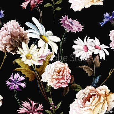 Seamless pattern of carnation flowers with chamomile (camomile), leaves, corn... - 901150833