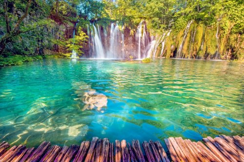 Incredibly beautiful fabulous magical landscape with a waterfall in Plitvice, Croatia (harmony meditation, antistress - concept)