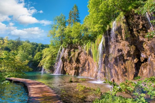 Incredibly beautiful fabulous magical landscape with a bridge near the waterfall in Plitvice, Croatia (harmony meditation, antistress - concept)