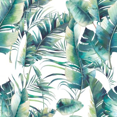 Summer palm tree and banana leaves seamless pattern. Watercolor texture with ... - 901150883