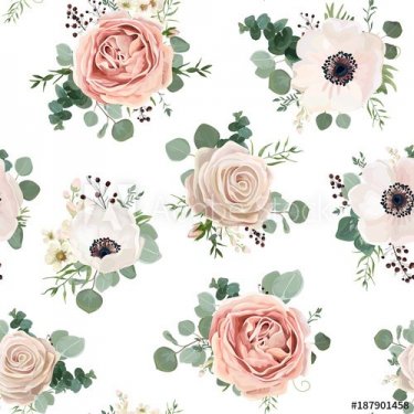 Seamless pattern Vector floral watercolor style design garden powder white pink Anemone flower silver Eucalyptus branch green thyme wax flowers greenery leaves berry. Rustic romantic background print