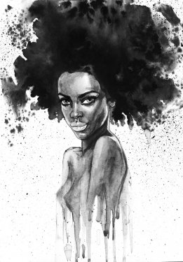 Painting fashion african woman portrait with splashes. Watercolor monochrome ... - 901150902