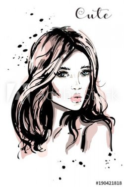 Hand drawn beautiful young woman with long hair. Stylish cute girl. Fashion w... - 901150911