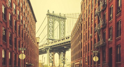 Retro stylized Manhattan Bridge seen from Dumbo, New York. - 901151001
