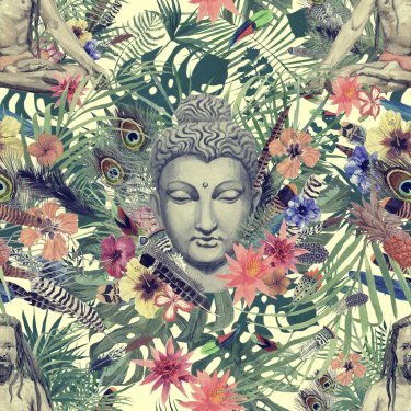 Seamless hand drawn watercolor pattern with buddha head, yogi, flowers, leave... - 901151029