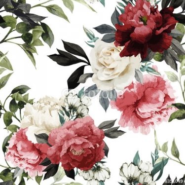 Seamless floral pattern with roses, watercolor....