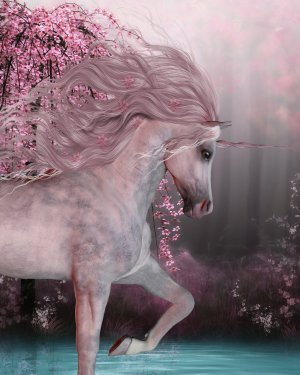 Cherry Blossom Unicorn - The Unicorn horse is a mythical creature with a horn... - 901151515