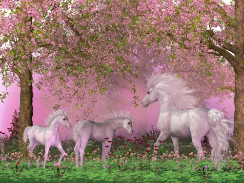 Spring Unicorns - A mother white unicorn frolics with her two foals under spring cherry trees in full blossom.