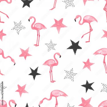 Seamless trendy pattern with watercolor flamingo and stars. Vector background. - 901151556