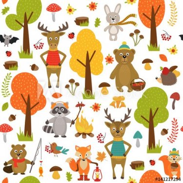 seamless pattern with animals of forest on white background- vector illustrat... - 901151654