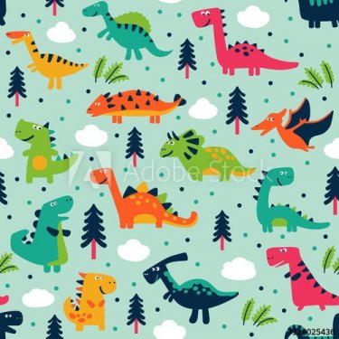 Adorable seamless pattern with funny dinosaurs in cartoon. Seamless pattern c... - 901151680