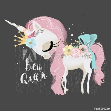 Cute dreaming baby unicorn girl princess in crown with flowers and tied bow. ... - 901151758