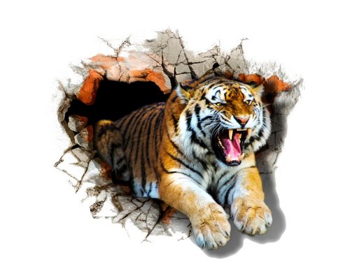 Sticker tiger jumps out of the wall . 3D rendering.