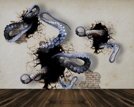 Octopus climbs out of the wall. 3D illustration.