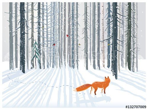 Winter forest landscape with a Fox. - 901151838