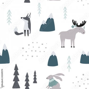 Hand drawn seamless pattern with wild animals. New Year scandinavian print. Good for fabric, textile. Christmas vector wallpaper.