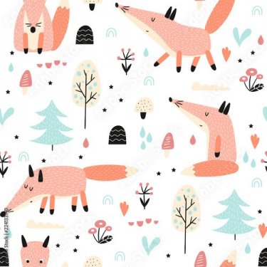Seamless pattern with fox in forest - 901151875