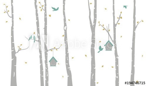 Birch Tree with deer and birds Silhouette Background - 901151877