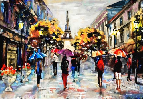 oil painting on canvas, street view of Paris. Artwork. eiffel tower . people ... - 901151900