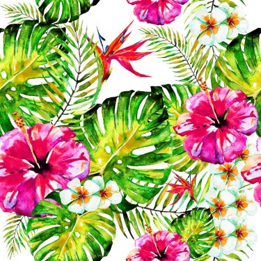 beautiful red flowers ,palm leaves, watercolor on a white - 901151937