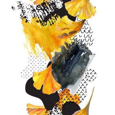 Drawing of ginkgo leaves, ink doodle, grunge, water color paper textures. - 901151949