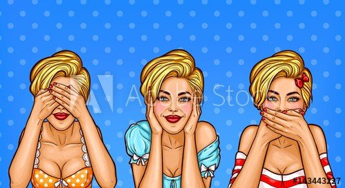 Vector illustration of a pop art blond women closed their eyes, ears, mouth w... - 901151953