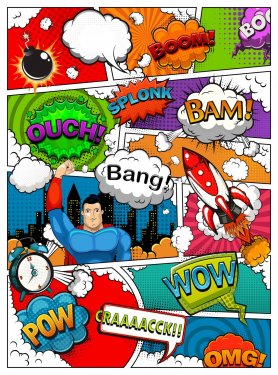 Comic book page divided by lines with speech bubbles, rocket, superhero and sounds effect. Retro background mock-up. Illustration