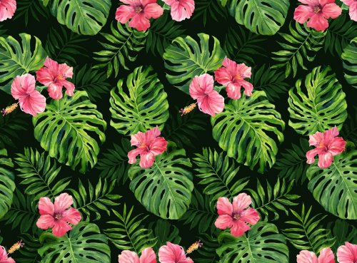 Seamless pattern with monstera and palm leaves on dark background.Tropical ca... - 901152025