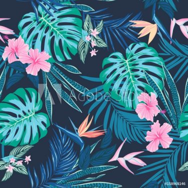 Vector seamless tropical pattern, vivid tropic foliage, with monstera leaf, p... - 901152039