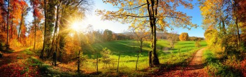 Zauberhafte Landschaft im Herbst: sonniges Panorama von ländlicher Idylle - 901152047