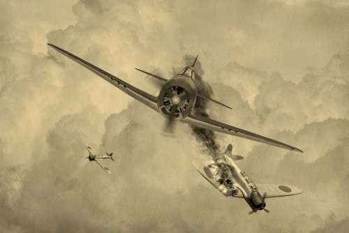 'Vintage Style' image of a World War 2 US fighter plane shooting down Japanes... - 901152070