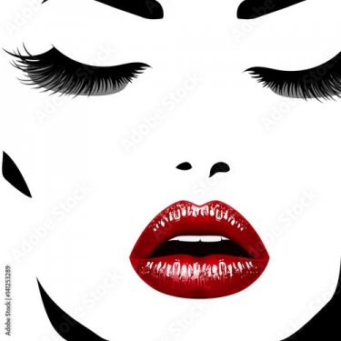 Woman's face. Vectorillustration. Realistic red lips ann chic eyelashes