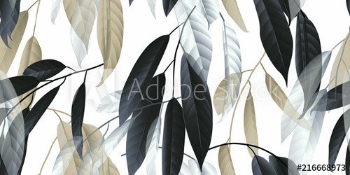 Seamless pattern, black, golden and white long leaves on light grey background - 901152331