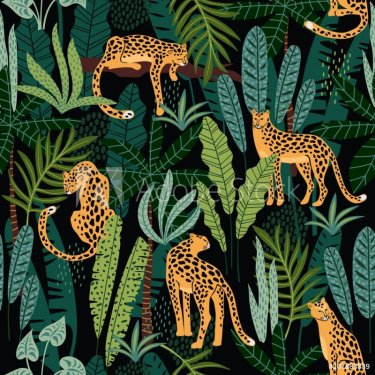 Vestor seamless pattern with leopards and tropical leaves. - 901152346