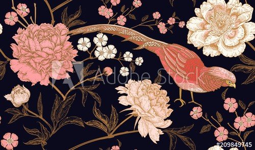 Seamless pattern with exotic bird pheasants and peony flowers. - 901152358