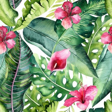 Tropical seamless floral summer pattern background with tropical palm leaves, pink flamingo bird, exotic hibiscus. Perfect for jungle wallpapers, fashion textile design, fabric print.